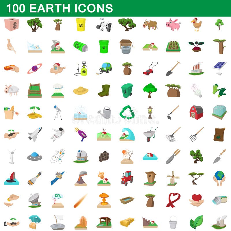 被设置的100个地球象，动画片样式