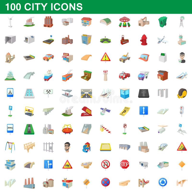 被设置的100个城市象，动画片样式