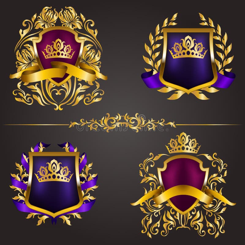 Set of golden royal shields for graphic design on background. Old frame, border, crown, floral element, ribbon, laurel wreath in vintage style for icon, label, emblem, badge, logo. Illustration EPS10. Set of golden royal shields for graphic design on background. Old frame, border, crown, floral element, ribbon, laurel wreath in vintage style for icon, label, emblem, badge, logo. Illustration EPS10