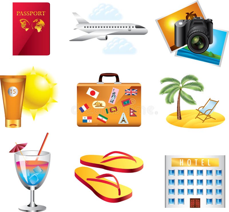 Vacation and travel icons detailed set. Vacation and travel icons detailed set