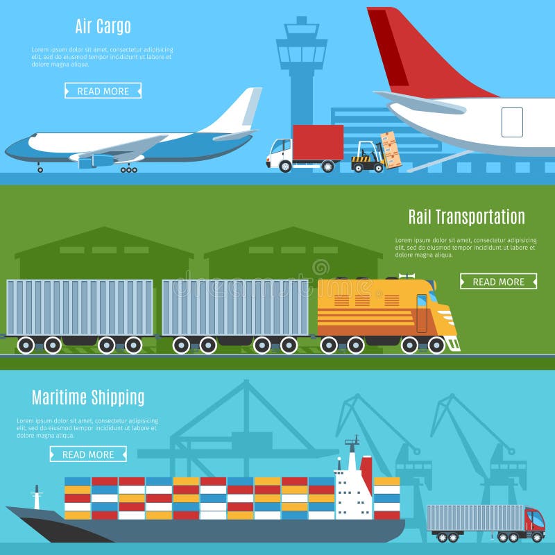 Colorful Flat Horizontal Banners Set For Logistic, Transportation And Delivery Projects. Air Cargo, Rail Transportation, Maritime Shipping. Vector Illustration. Colorful Flat Horizontal Banners Set For Logistic, Transportation And Delivery Projects. Air Cargo, Rail Transportation, Maritime Shipping. Vector Illustration