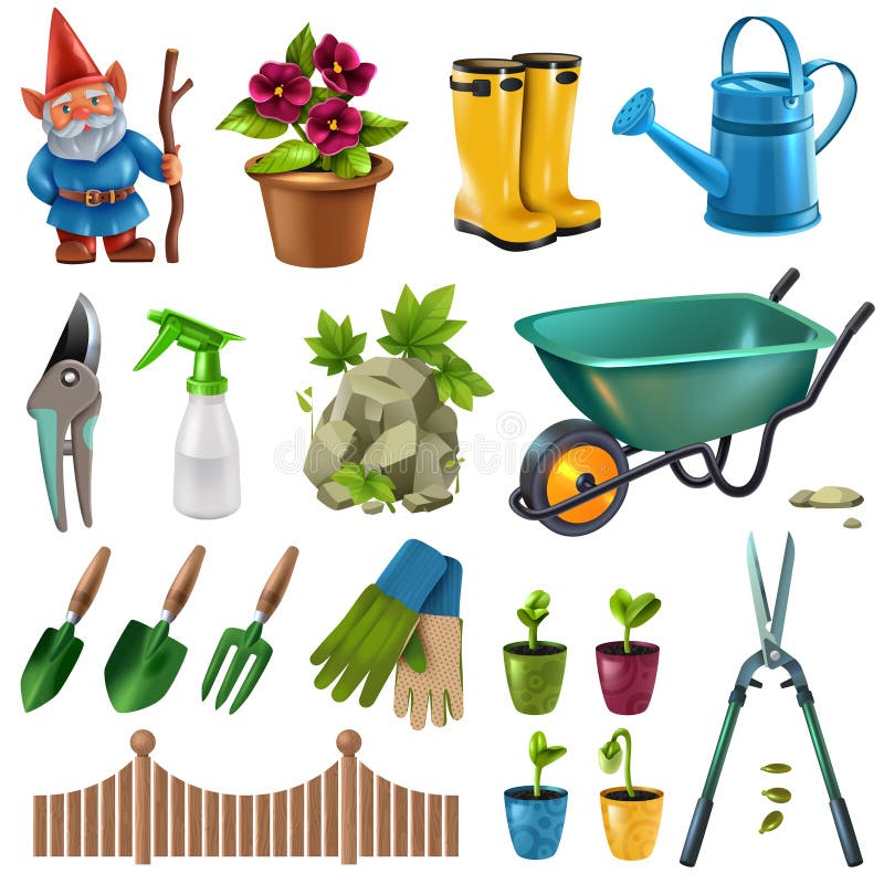 Country cottage garden accessories design elements set with hedge trimming shears flowers plants seedlings wheelbarrow vector illustration. Country cottage garden accessories design elements set with hedge trimming shears flowers plants seedlings wheelbarrow vector illustration