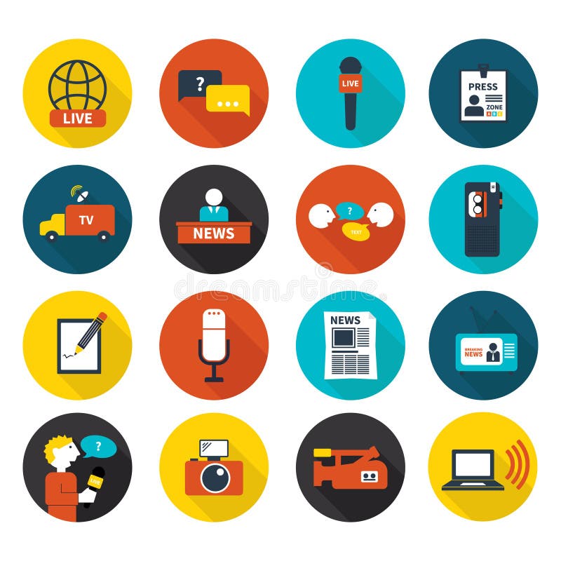 Set of vector journalism icons. Modern flat symbols of journalism including computer, news, reporter, camera, accreditation, pencil and notebook. Set of vector journalism icons. Modern flat symbols of journalism including computer, news, reporter, camera, accreditation, pencil and notebook.