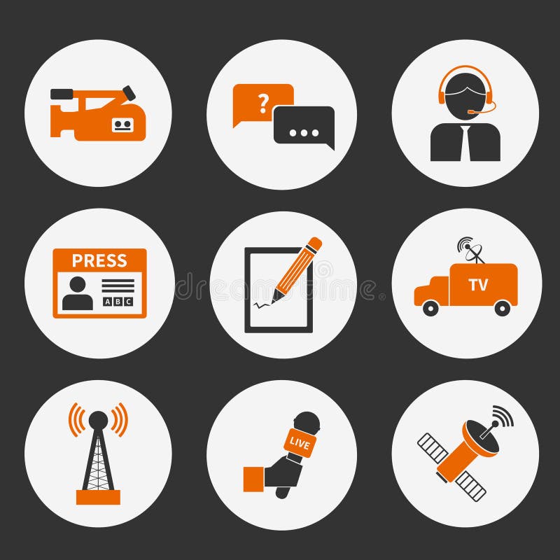 Set of journalism icons. Modern flat symbols of journalism including computer, news, reporter, camera, accreditation, pencil and notebook. Set of journalism icons. Modern flat symbols of journalism including computer, news, reporter, camera, accreditation, pencil and notebook.