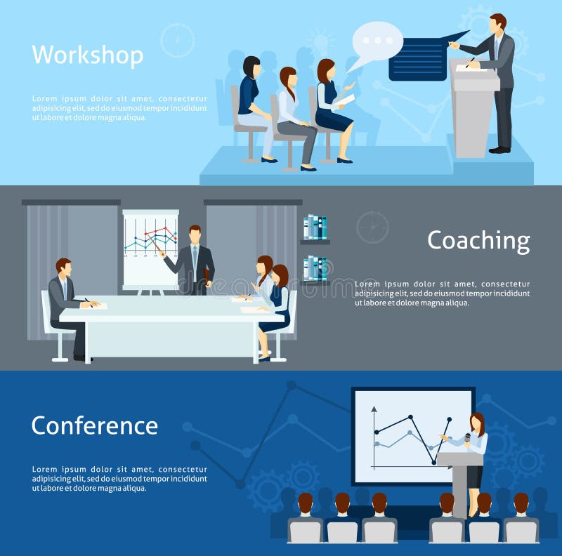 Public speaking skills improving coaching workshop and conference 3 flat horizontal banners set abstract isolated vector illustration. Public speaking skills improving coaching workshop and conference 3 flat horizontal banners set abstract isolated vector illustration