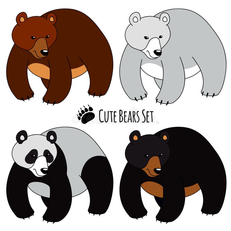Set of Four Bears, isolated. Brown, White, Panda and Grizzly. Set of Four Bears, isolated. Brown, White, Panda and Grizzly