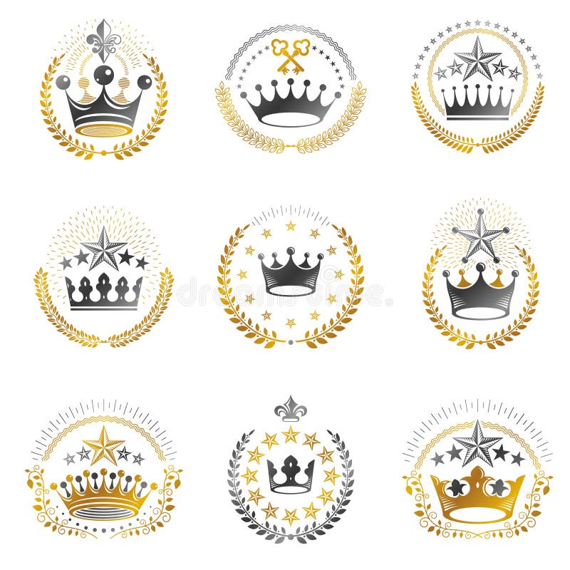 Imperial Crowns emblems set. Heraldic Coat of Arms, vintage vector logos collection. Imperial Crowns emblems set. Heraldic Coat of Arms, vintage vector logos collection.