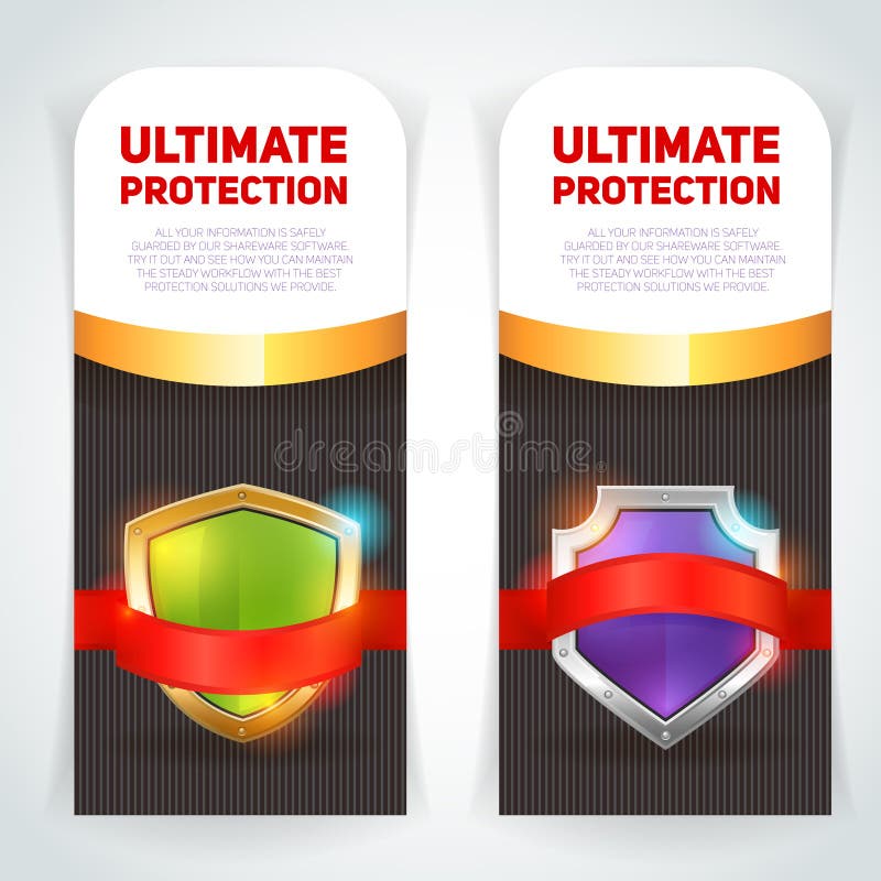 Ultimate protection escutcheon shield in golden frame emblem logo vertical banners set color abstract vector isolated illustration. Ultimate protection escutcheon shield in golden frame emblem logo vertical banners set color abstract vector isolated illustration