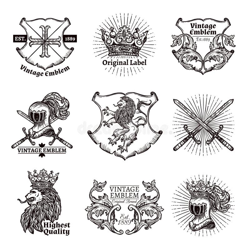 Heraldic grayscale emblems set with crowns shields lions and swords in medieval style vector illustration. Heraldic grayscale emblems set with crowns shields lions and swords in medieval style vector illustration