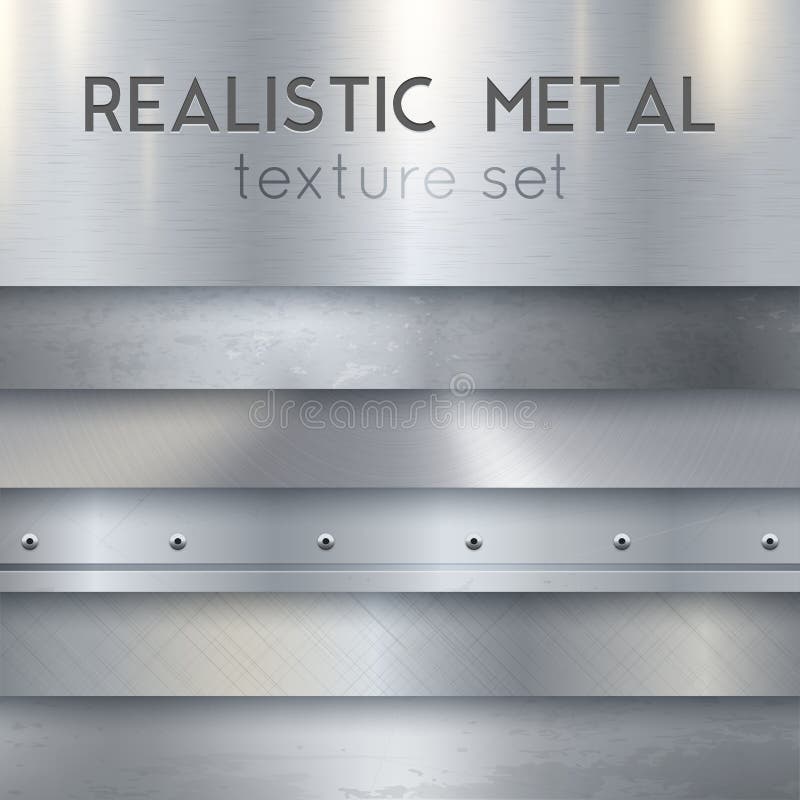 Metal texture realistic sheets horizontal banners set of panels surface finish patterns samples with rivets vector illustration. Metal texture realistic sheets horizontal banners set of panels surface finish patterns samples with rivets vector illustration