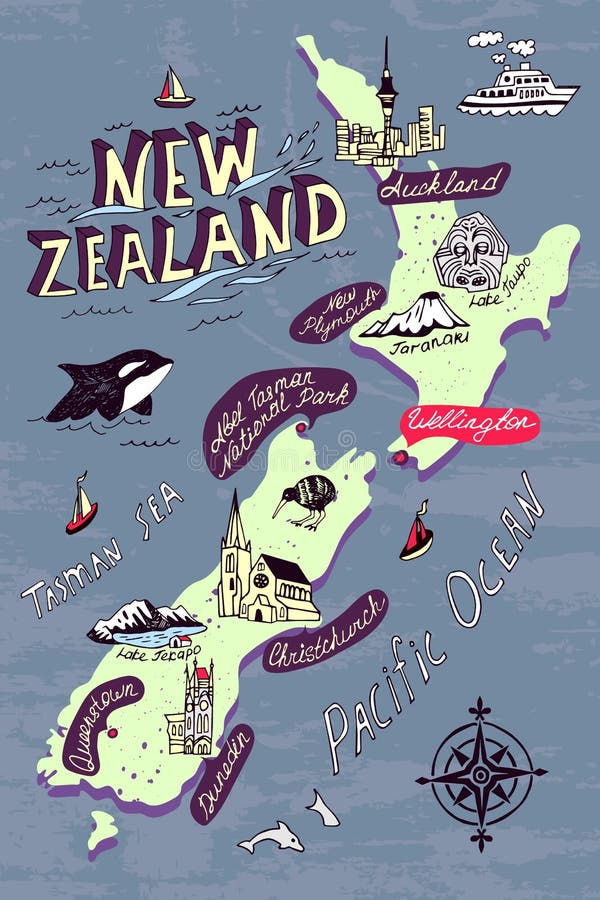 Illustrated map of the New Zealand. Travel and attractions. Illustrated map of the New Zealand. Travel and attractions