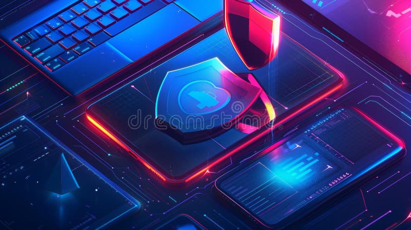 Modern banners with an isometric laptop and smartphone holding a shield against spam. Concept of email security, protection from phishing and junk messages.. AI generated. Modern banners with an isometric laptop and smartphone holding a shield against spam. Concept of email security, protection from phishing and junk messages.. AI generated