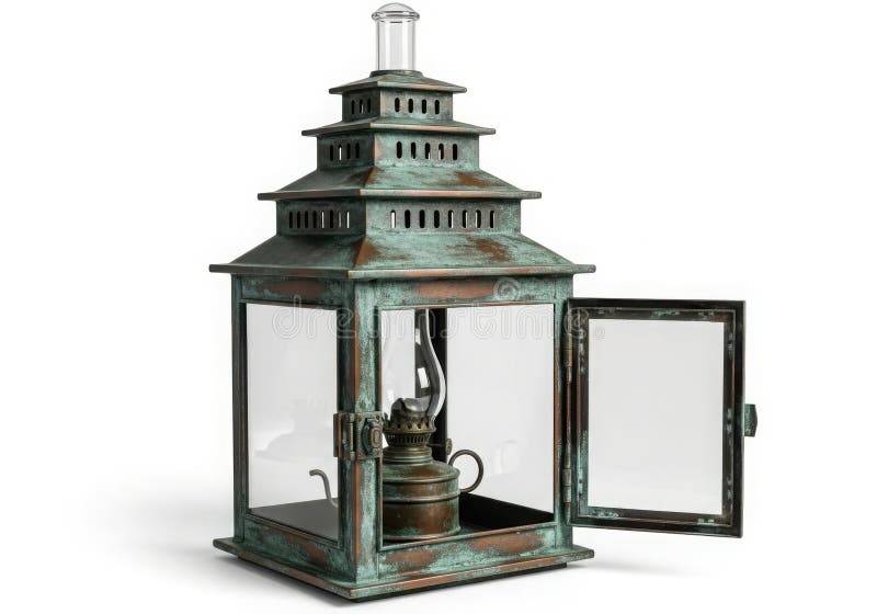 华丽的古董灯笼，有复杂的金属工艺，彩色彩色的彩色玻璃板被照亮库存