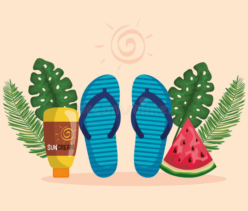 flip-flop with watermelon fruit and suncream with leaves plants to summer time vector illustration. flip-flop with watermelon fruit and suncream with leaves plants to summer time vector illustration