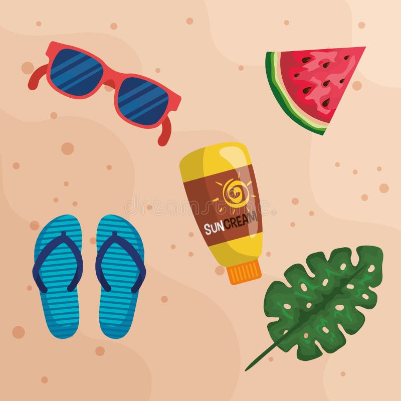 sunglasses with watermelon fruit and suncream with flip-flop to summer time vector illustration. sunglasses with watermelon fruit and suncream with flip-flop to summer time vector illustration