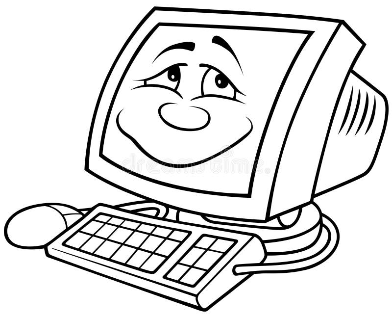 Computer - Black and White Cartoon illustration, Vector. Computer - Black and White Cartoon illustration, Vector