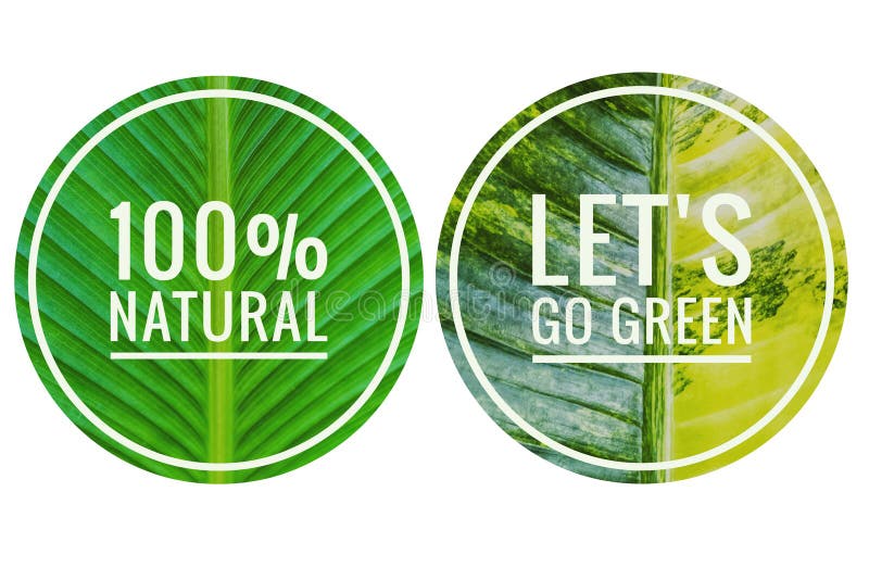 Let`s go green and 100% natural logo on white background, eco product sticker design idea. Let`s go green and 100% natural logo on white background, eco product sticker design idea