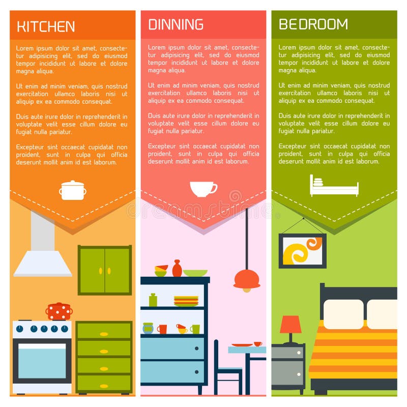 House interiors banners with kitchen dining bedroom isolated vector illustration. House interiors banners with kitchen dining bedroom isolated vector illustration