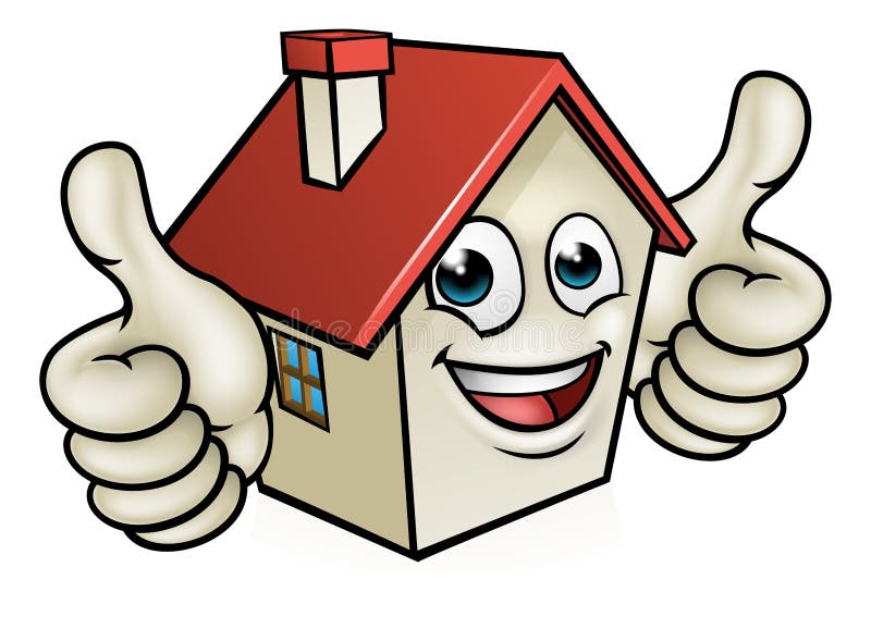 A house cartoon mascot character giving a double thumbs up. A house cartoon mascot character giving a double thumbs up