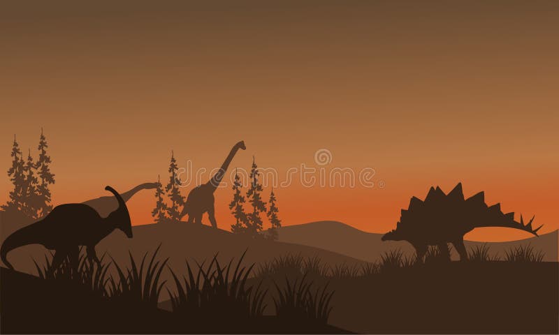 Silhouette oof many dinosaur in hills. brachiosaurus, parasaurolophus and ankylosaurus. Silhouette oof many dinosaur in hills. brachiosaurus, parasaurolophus and ankylosaurus