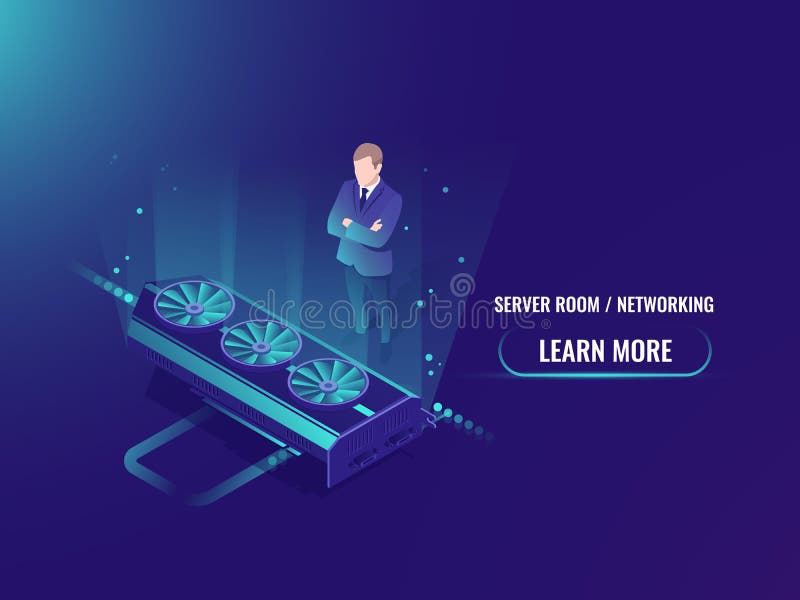 Equipment power rent isometric mining server room neon style, vector video card, data processing, crypto currency farm working, vector illustration. Equipment power rent isometric mining server room neon style, vector video card, data processing, crypto currency farm working, vector illustration
