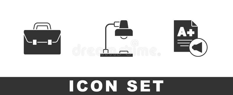 Set Briefcase, Table lamp and Exam sheet with A plus grade icon. Vector. Set Briefcase, Table lamp and Exam sheet with A plus grade icon. Vector.