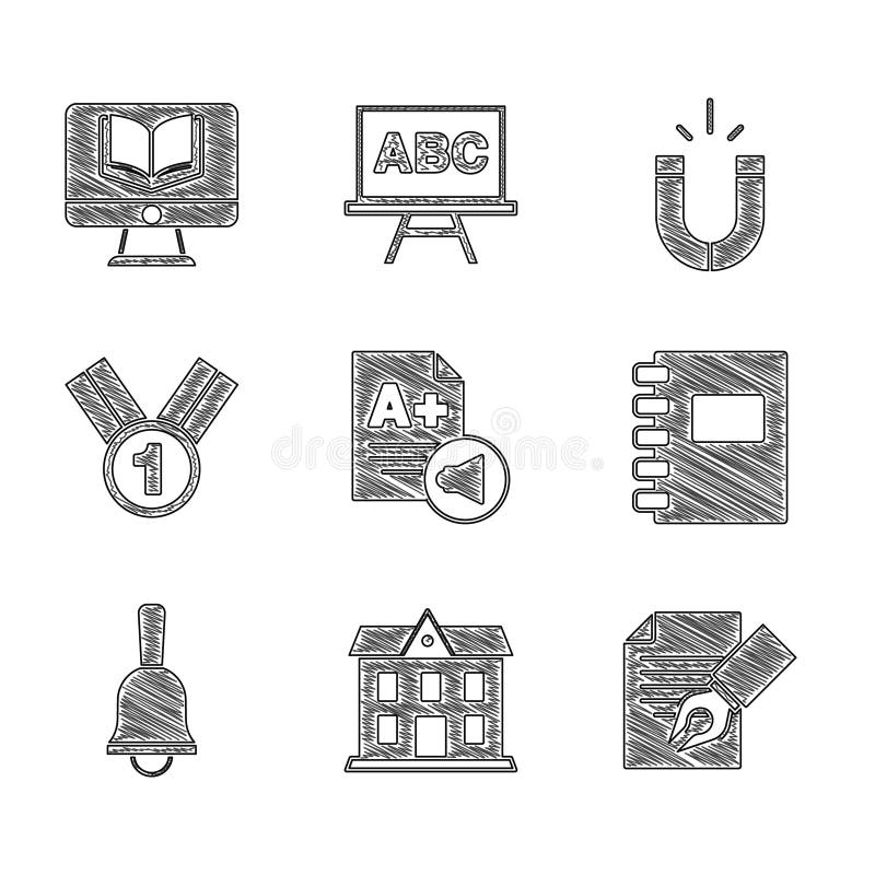 Set Exam sheet with A plus grade School building and pencil Spiral notebook Ringing bell Medal Magnet and Online class icon. Vector. Set Exam sheet with A plus grade School building and pencil Spiral notebook Ringing bell Medal Magnet and Online class icon. Vector.