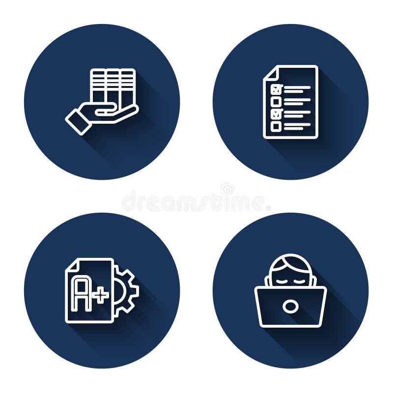 Set line Book donation Online quiz test survey Exam sheet with A plus grade and Student working laptop with long shadow. Blue circle button. Vector. Set line Book donation Online quiz test survey Exam sheet with A plus grade and Student working laptop with long shadow. Blue circle button. Vector.