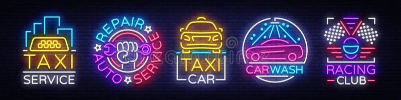 Set logos in neon style Transportation. Design Template, Neon Signs Collection, Auto Service, Garage, Racing Club, Car Wash, Taxi Service, Repair Car. Night light advertising. Vector illustration. Set logos in neon style Transportation. Design Template, Neon Signs Collection, Auto Service, Garage, Racing Club, Car Wash, Taxi Service, Repair Car. Night light advertising. Vector illustration.