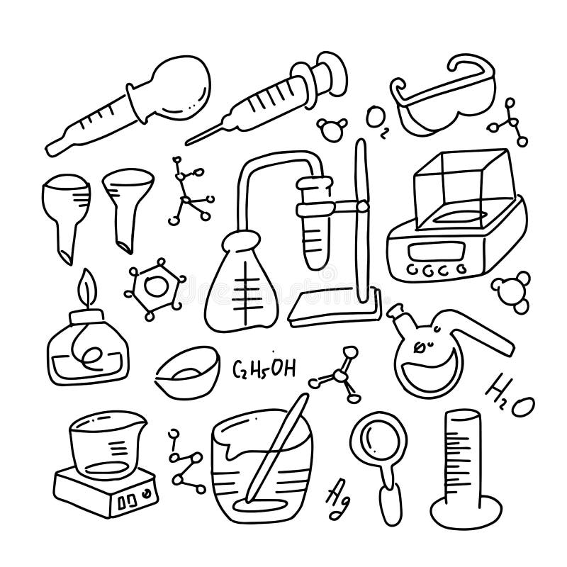 设置在黑白被概述的乱画样式的实验室设备 手拉的幼稚化学和科学象集合 向量例证 设置在黑白被概述的乱画样式的实验室设备 手拉的幼稚化学和科学象集合 向量例证