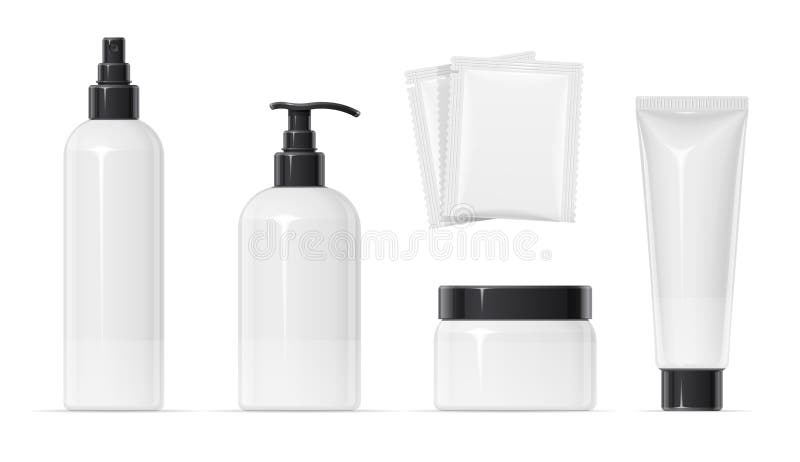 Set of Plastic container for cream spray, balm and shampoo Make-up, body, skin cosmetics bottle, tube, can. Beauty cosmetology. Mock-up for spa. Isolated white background. EPS10 vector illustration. Set of Plastic container for cream spray, balm and shampoo Make-up, body, skin cosmetics bottle, tube, can. Beauty cosmetology. Mock-up for spa. Isolated white background. EPS10 vector illustration.