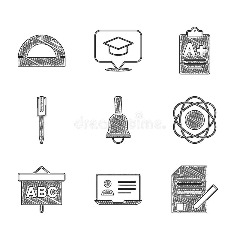 Set Ringing bell Online class Exam sheet and pencil Atom Chalkboard Pen with plus grade and Protractor grid icon. Vector. Set Ringing bell Online class Exam sheet and pencil Atom Chalkboard Pen with plus grade and Protractor grid icon. Vector.