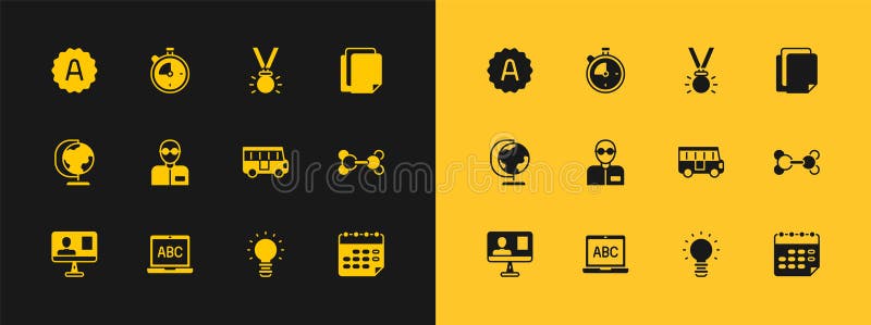 Set File document Laptop School Bus Creative lamp light idea Teacher Medal Exam sheet with A plus grade and Stopwatch icon. Vector. Set File document Laptop School Bus Creative lamp light idea Teacher Medal Exam sheet with A plus grade and Stopwatch icon. Vector.