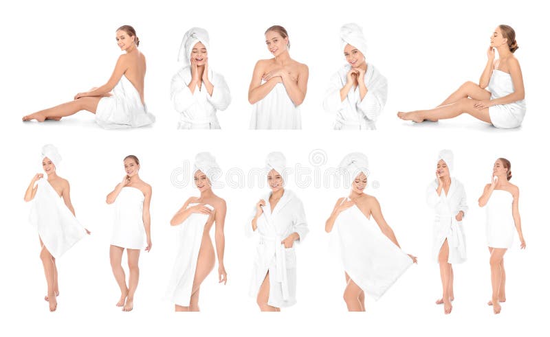 一群美丽的年轻女子，手持白色毛巾 图库摄影