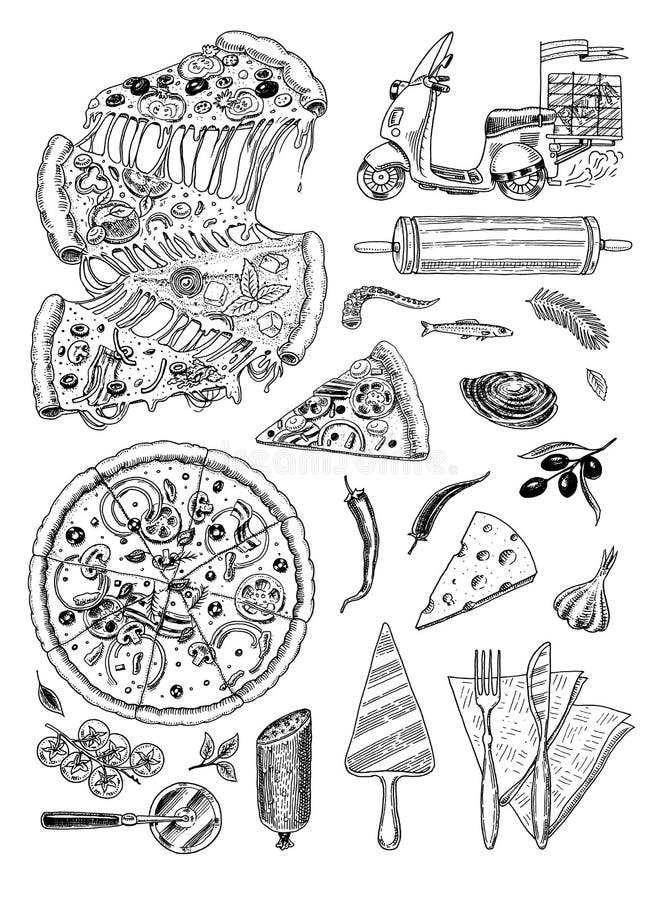 Set of pizza with cheese. Yummy italian vegetarian food with tomatoes, Seafood and olives and eggplant. Ingredients for cooking. Sketch for restaurant menu. Hand drawn template. Vintage style. Set of pizza with cheese. Yummy italian vegetarian food with tomatoes, Seafood and olives and eggplant. Ingredients for cooking. Sketch for restaurant menu. Hand drawn template. Vintage style