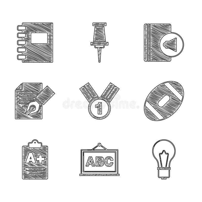 Set Medal Chalkboard Light bulb with idea American Football ball Exam sheet plus grade and pencil Audio book and Spiral notebook icon. Vector. Set Medal Chalkboard Light bulb with idea American Football ball Exam sheet plus grade and pencil Audio book and Spiral notebook icon. Vector.