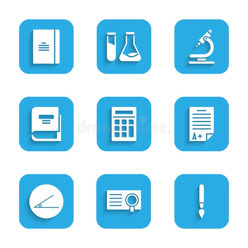 Set Calculator Certificate template Paint brush Exam sheet with A plus grade Acute angle Book Microscope and Spiral notebook icon. Vector. Set Calculator Certificate template Paint brush Exam sheet with A plus grade Acute angle Book Microscope and Spiral notebook icon. Vector.