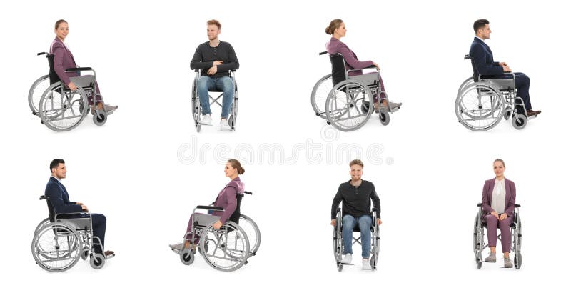 轮椅上的人群，白色背景 图库摄影