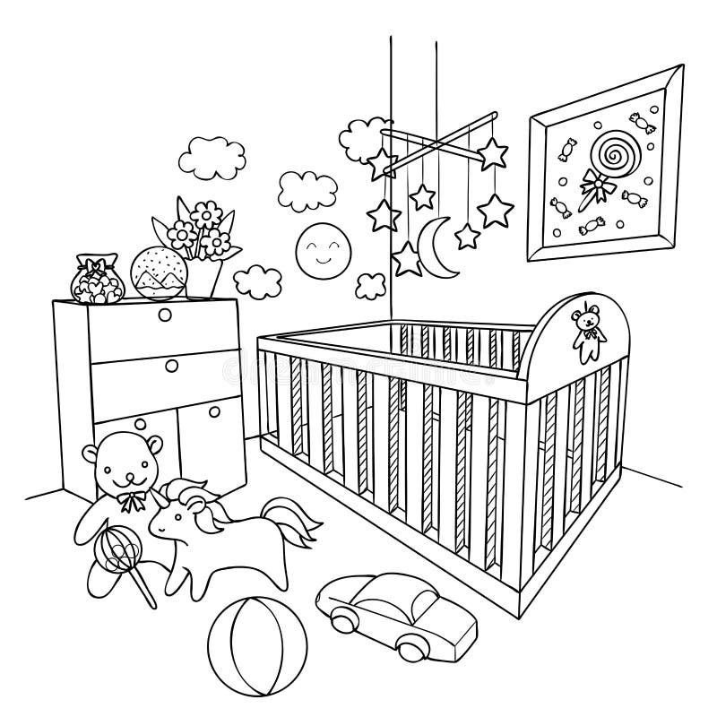 Hand drawn baby room for design element and coloring book page. Vector illustration. Hand drawn baby room for design element and coloring book page. Vector illustration