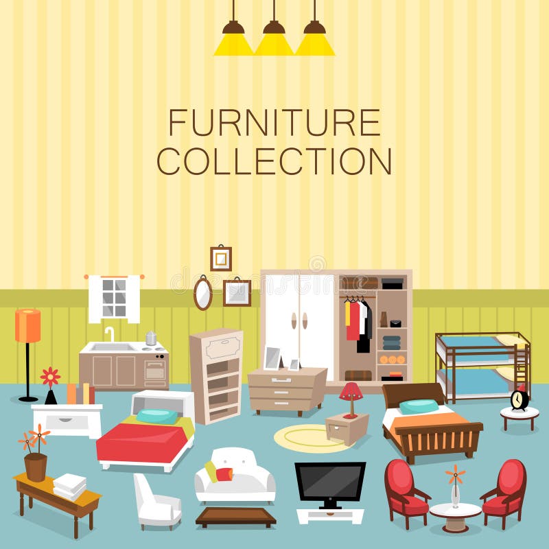 Flat vector design element and furniture collection for home interior A variety of furniture for bedroom, living room, study,and kitchen on the wallpaper background for a living room interior. Flat vector design element and furniture collection for home interior A variety of furniture for bedroom, living room, study,and kitchen on the wallpaper background for a living room interior.