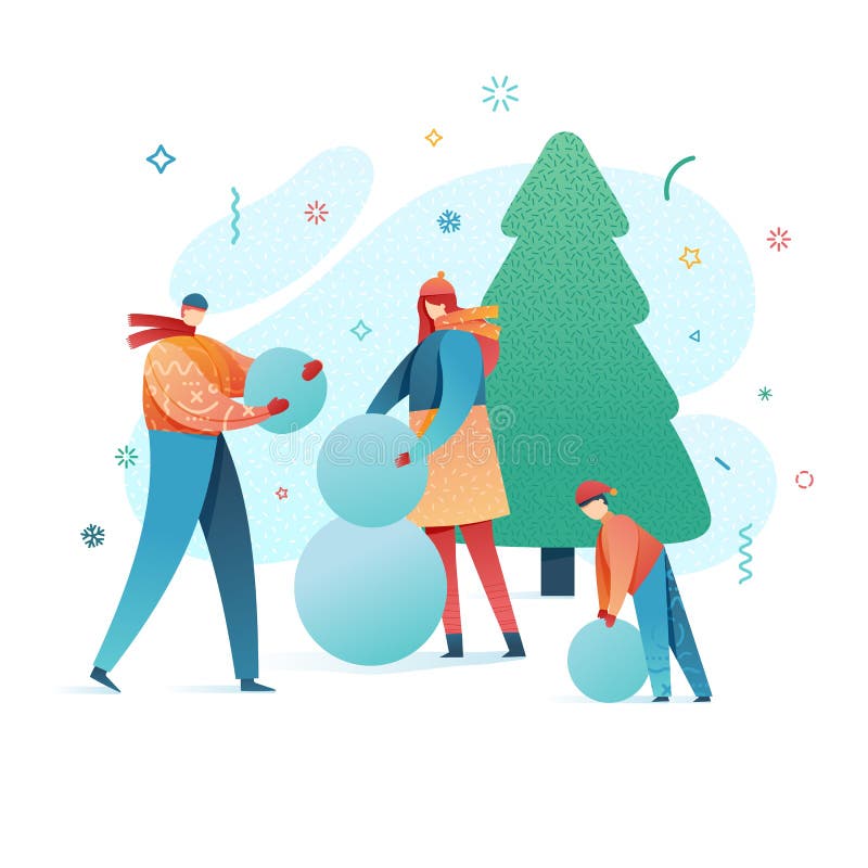 设计新年快乐做雪人的例证家庭 在一个现代样式的逗人喜爱的平的父母和孩子字符 皇族释放例证 设计新年快乐做雪人的例证家庭 在一个现代样式的逗人喜爱的平的父母和孩子字符 皇族释放例证