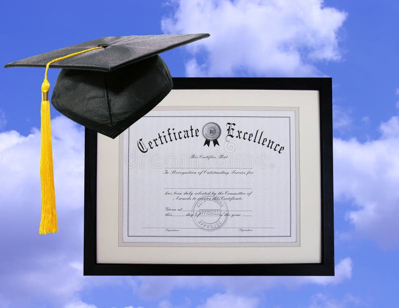 A certificate floating in the sky with cap and tassle. A certificate floating in the sky with cap and tassle