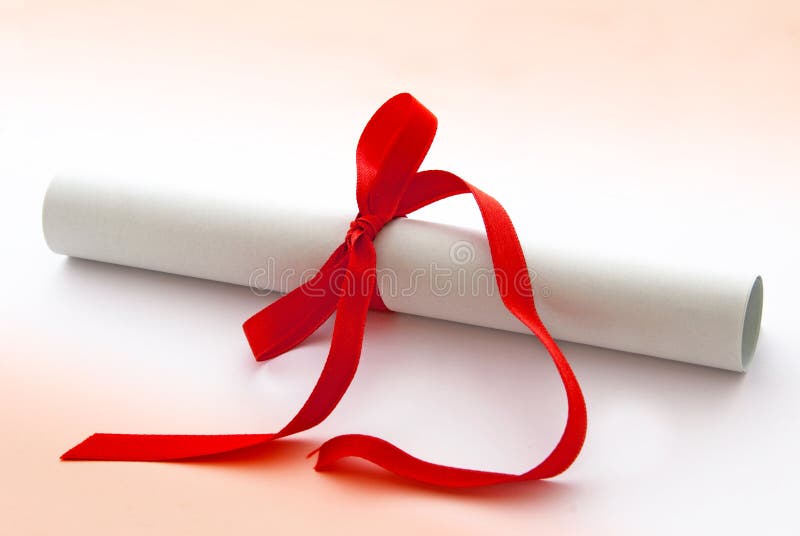 Diploma or graduation certificate with red ribbon. Diploma or graduation certificate with red ribbon