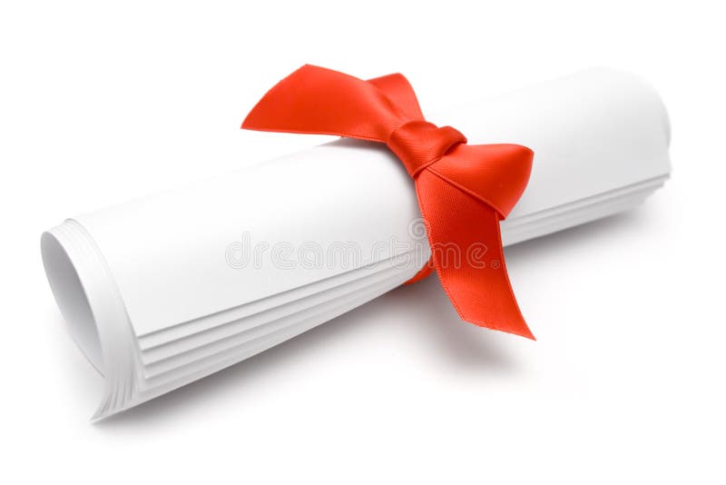 Rolled certificate with a red ribbon isolated on a white background. Rolled certificate with a red ribbon isolated on a white background.