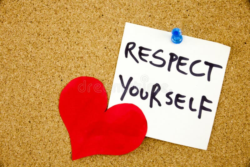 The phrase Respect Yourself in red text on a lined index card pinned to a cork notice board as reminder. The phrase Respect Yourself in red text on a lined index card pinned to a cork notice board as reminder