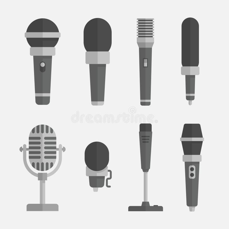 Microphones vector set in a flat style isolated from the background. Icons to illustrate an interview, podcast, reportage, song or music. Old and modern microphones. Microphones vector set in a flat style isolated from the background. Icons to illustrate an interview, podcast, reportage, song or music. Old and modern microphones.