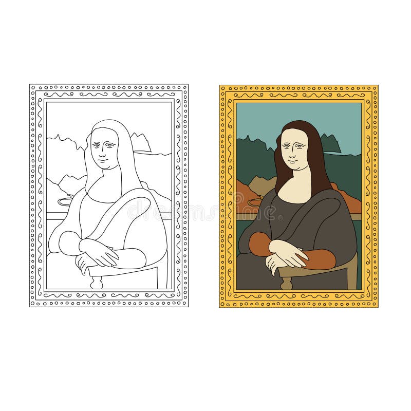 Linear and colorful flat illustration of The Mona Lisa by Leonardo da Vinci. La Joconde painting in golden frame. Portrait of Mona Lisa from Louvre Museum. Linear and colorful flat illustration of The Mona Lisa by Leonardo da Vinci. La Joconde painting in golden frame. Portrait of Mona Lisa from Louvre Museum.