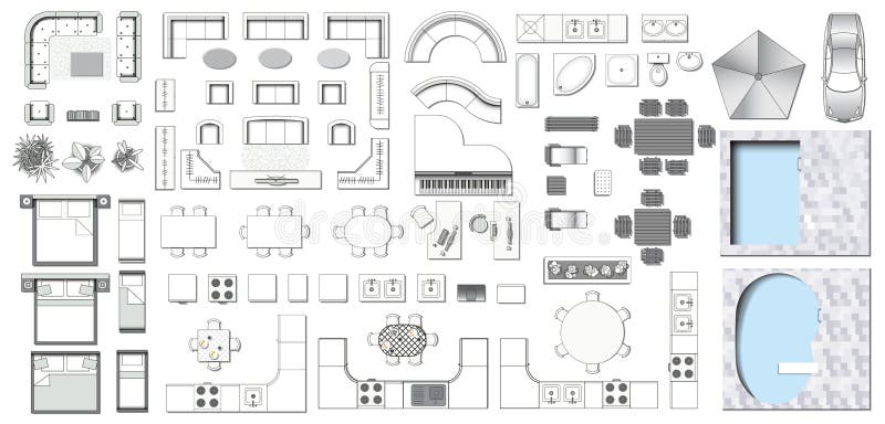 Set top view for interior icon design. Elements for living room, bedroom, kitchen, bathroom. Floor plan. Furniture store. Vector Illustration. Set top view for interior icon design. Elements for living room, bedroom, kitchen, bathroom. Floor plan. Furniture store. Vector Illustration.