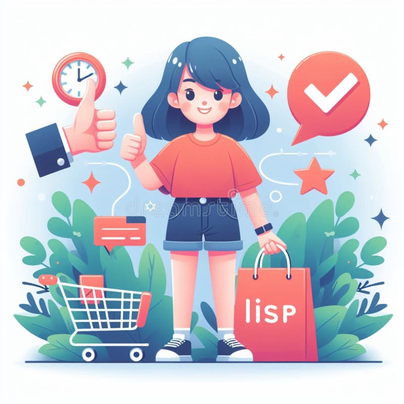 Cheerful character holding a shopping bag next to a shopping cart, showcasing digital satisfaction symbols like thumbs-up, checkmark, and time efficiency in a vibrant, stylized environment AI generated. Cheerful character holding a shopping bag next to a shopping cart, showcasing digital satisfaction symbols like thumbs-up, checkmark, and time efficiency in a vibrant, stylized environment AI generated