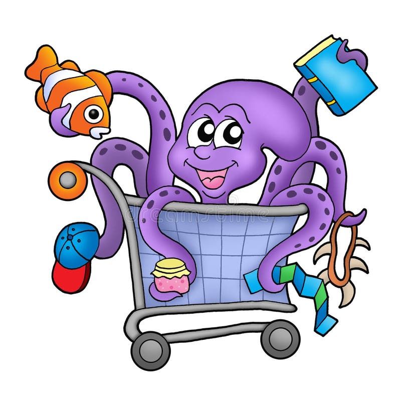 Octopus and shopping cart - color illustration. Octopus and shopping cart - color illustration.